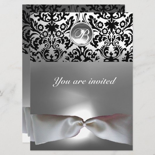 ダマスクジェムストーンモノグラムホワイトリボングレーブラック 招待状 (正面/裏面)
