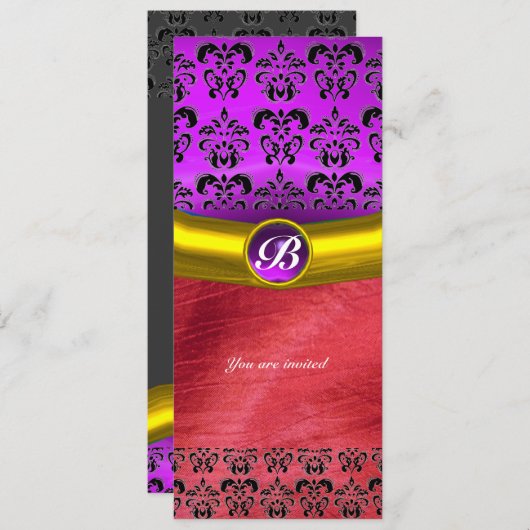 ダマスクジェムストーンモノグラム紫紫紫紫紫紫紫紫紫シルク 招待状 (正面/裏面)