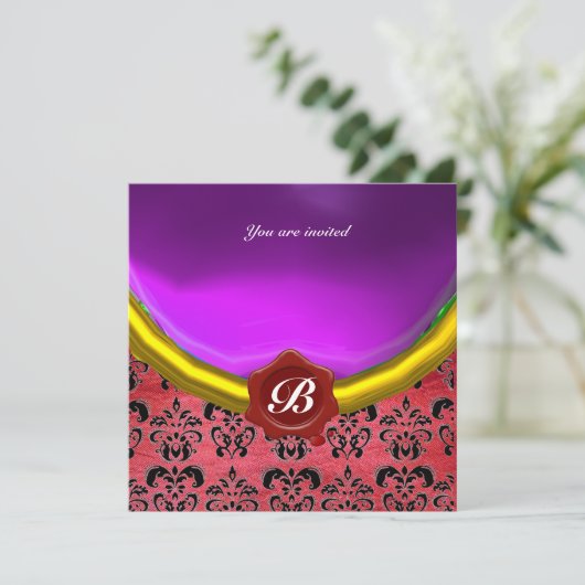ダマスクジェムストーンモノグラム　パープルバイオレットシルク 招待状 (スタンド正面)