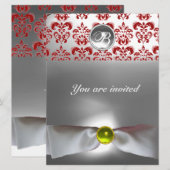 ダマスクジェムストーンモノグラム 白リボン グレー レッド 招待状 (正面/裏面)