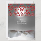 ダマスクジェムストーンモノグラム 白リボン グレー レッド 招待状 (裏面)