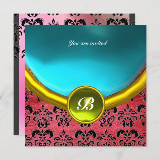 ダマスクジェムストーンモノグラム 紫のシルク 青 招待状 (正面/裏面)
