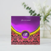 ダマスクジェムストーンモノグラム 紫 ピンク シルク ブラック 招待状 (スタンド正面)