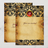 ダマスクジェムストーン モノグラム パーチメント レッド 招待状 (正面/裏面)