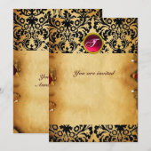 ダマスクジェムストーン モノグラム パーチメント 赤 ピンク 招待状 (正面/裏面)