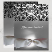 ダマスクジェムストーン モノグラム 白リボン グレー ブラック 招待状 (正面/裏面)