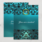 ダマスクジェムストーン モノグラム 青アクアマリン 招待状 (正面/裏面)