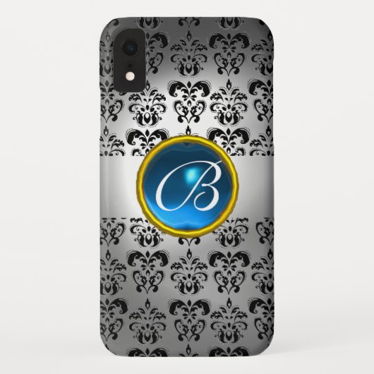 ダマスクジェムモノグラムホワイトブラックブルー Case-Mate iPhoneケース (裏面)