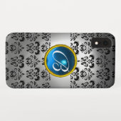 ダマスクジェムモノグラムホワイトブラックブルー Case-Mate iPhoneケース (裏面(横))