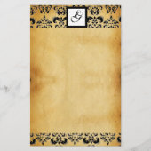 ダマスクスクエアパルチメントモノグラム、黒と茶色 便箋 (正面)