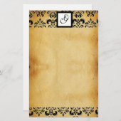 ダマスクスクエアパルチメントモノグラム、黒と茶色 便箋 (正面/裏面)