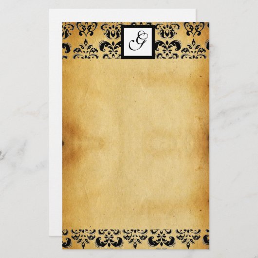 ダマスクスクエアパルチメントモノグラム、黒と茶色 便箋 (正面/裏面)