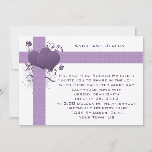 ダマスクストライプにパープルハーツのウェディング招待状 招待状 (正面)