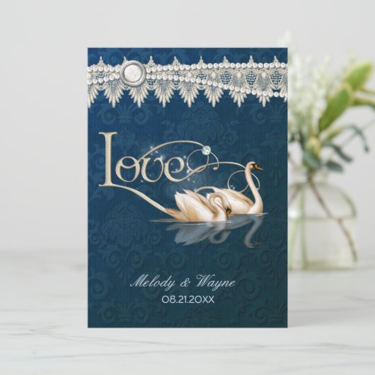 ダマスクスワンエレガンスブルー結婚式招待状 招待状 (スタンド正面)