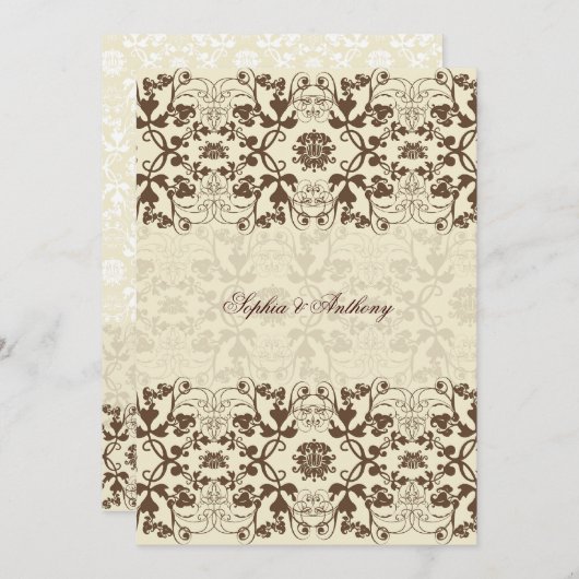 ダマスクスワーズレースコーヒーエレガントウェディング招待状 招待状 (正面/裏面)