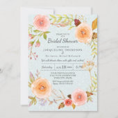 ダマスクタイポグラフィブルーnピンクフローラリースブライダル 招待状 (正面)