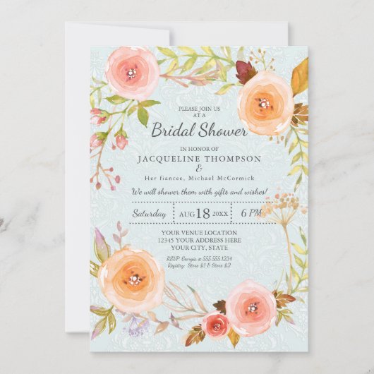 ダマスクタイポグラフィブルーnピンクフローラリースブライダル 招待状 (正面)