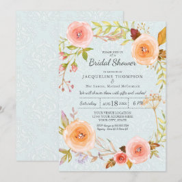 ダマスクタイポグラフィブルーnピンクフローラリースブライダル 招待状