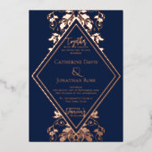 ダマスクダイヤモンドネイビー&バラ結婚ズフォイル招待状 箔招待状 (正面)