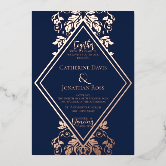 ダマスクダイヤモンドネイビー&バラ結婚ズフォイル招待状 箔招待状 (正面)