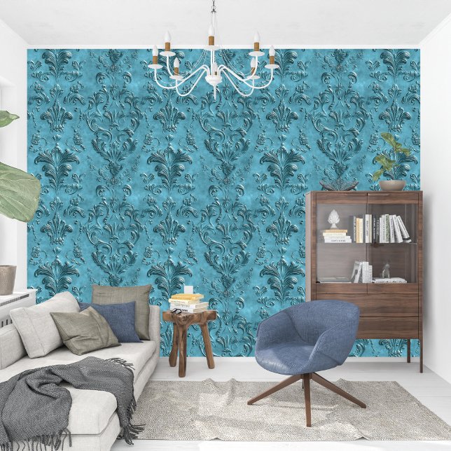ダマスクダエレガントークターコイズバロック 壁紙 (Elegant Damask Dark Turquoise Baroque Wallpaper)