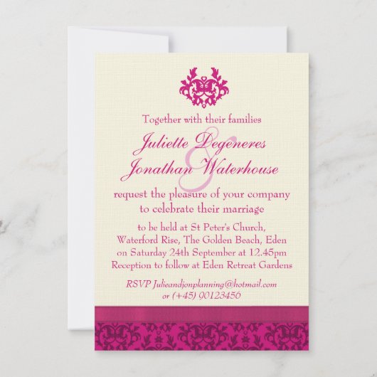 ダマスクダークピンク&クリーム結婚式招待状 招待状 (裏面)