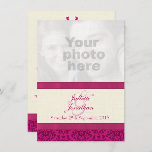 ダマスクダークピンク&クリーム結婚式招待状 招待状 (正面/裏面)