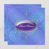 ダマスクティール（緑がかった色）パープルスウィート16バースデーパーティー 招待状 (正面/裏面)