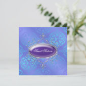 ダマスクティール（緑がかった色）パープルスウィート16バースデーパーティー 招待状 (スタンド正面)