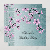 ダマスクティール(緑がかった色)ブルーピンクブロッサムアジアフローラパーティー 招待状 (正面/裏面)