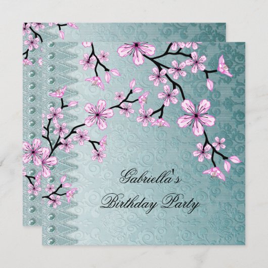 ダマスクティール（緑がかった色）ブルーピンクブロッサムアジアフローラパーティー 招待状 (正面/裏面)