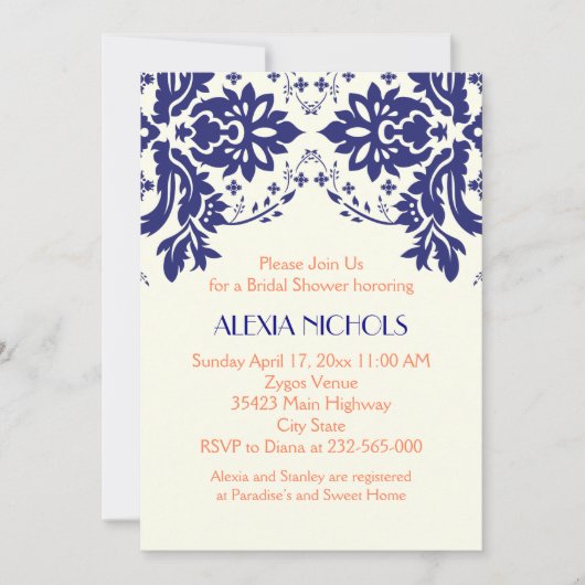 ダマスクネイビーブルー結婚コーラルブライダルシャワー 招待状 (正面)