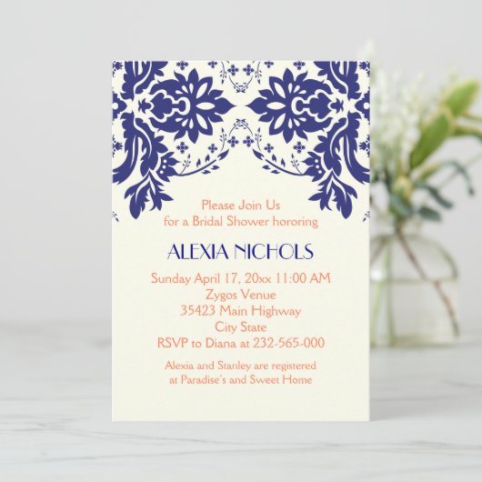 ダマスクネイビーブルー結婚コーラルブライダルシャワー 招待状 (スタンド正面)