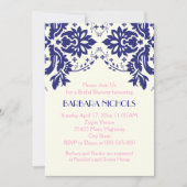 ダマスクネイビーブルー結婚ピンクブライダルシャワー 招待状 (正面)