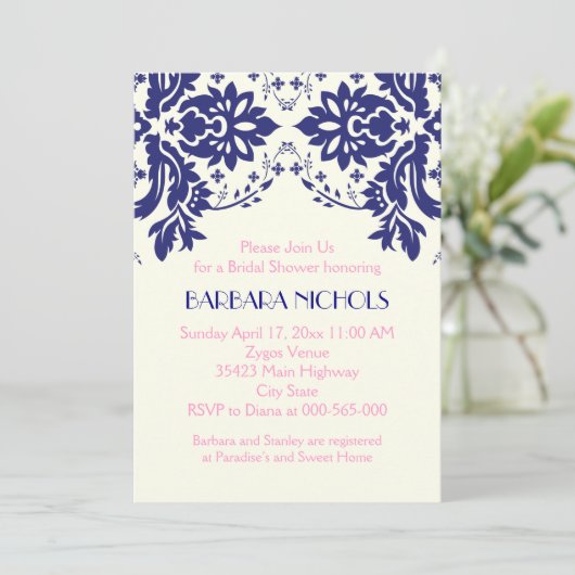 ダマスクネイビーブルー結婚ピンクブライダルシャワー 招待状 (スタンド正面)