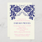 ダマスクネイビーブルー結婚ピンクブライダルシャワー 招待状 (正面/裏面)