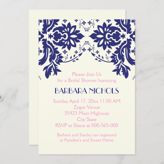 ダマスクネイビーブルー結婚ピンクブライダルシャワー 招待状 (正面/裏面)