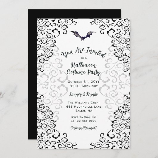 ダマスクハロウィンエレガントの衣装パーティの招待状 招待状 (正面/裏面)