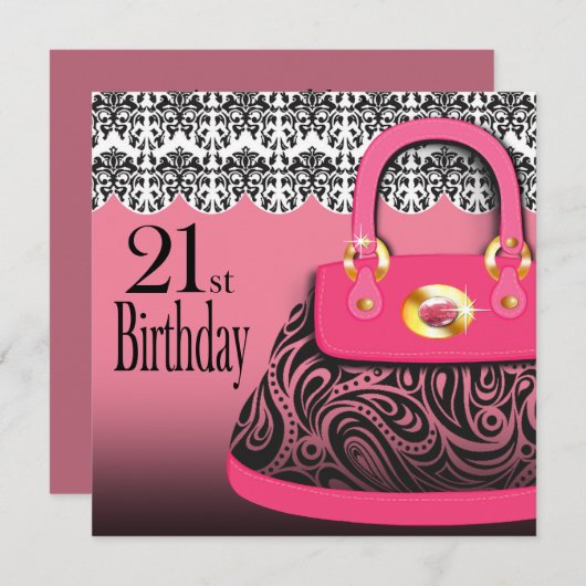 ダマスクハンドバッグペイズリーバッグ21歳誕生日 招待状 (正面/裏面)