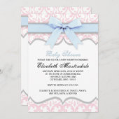 ダマスクハートブルーピンクベビーシャワー招待状 招待状 (正面/裏面)