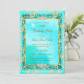 ダマスクバラティール（緑がかった色）ブルー金ゴールド誕生日パーティー 招待状 (スタンド正面)