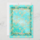 ダマスクバラティール（緑がかった色）ブルー金ゴールド誕生日パーティー 招待状 (裏面)