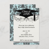 ダマスクバラライトブルーとブラック卒業 招待状 (正面/裏面)