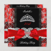 ダマスクバラレッド白黒ティアラバースデーパーティー 招待状 (正面/裏面)