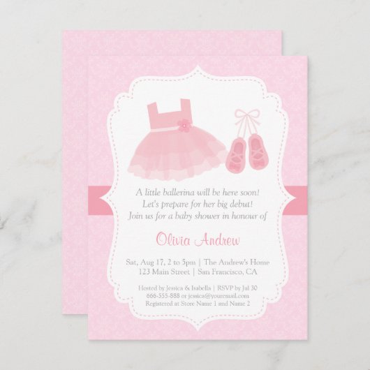 ダマスクバレリーナガールベビーシャワー招待状 招待状 (正面/裏面)
