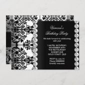 ダマスクバースデーパーティーシルバー白黒フローラ 招待状 (正面/裏面)