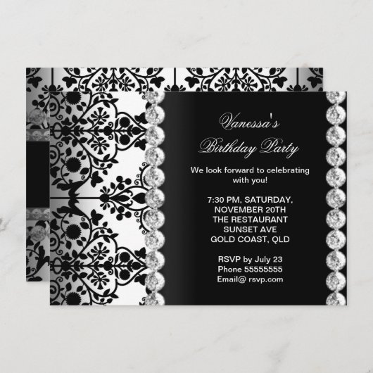 ダマスクバースデーパーティーシルバー白黒フローラ 招待状 (正面/裏面)