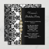 ダマスクバースデーパーティー金ゴールド白黒フローラ 招待状 (正面/裏面)