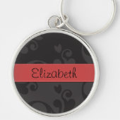 ダマスクパターン、グレーのダマスク、あなたの名前 キーホルダー (正面)