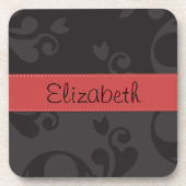 ダマスクパターン、グレーのダマスク、あなたの名前 コースター (正面)